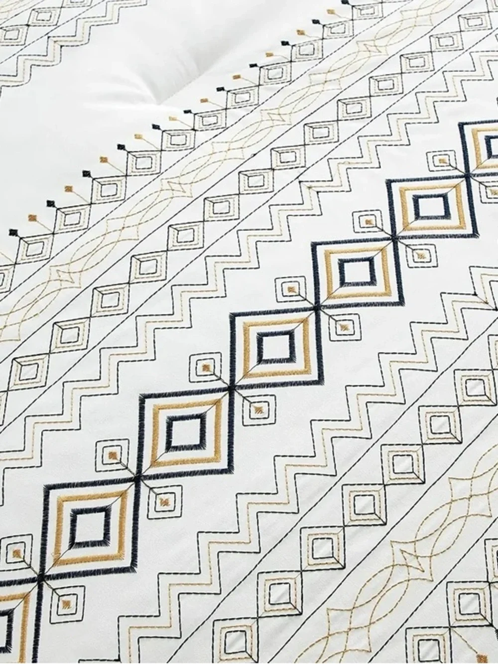 Embroidered Geometric White & Blue Queen 3 piece Comforter Set